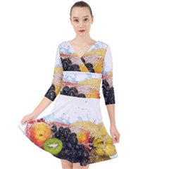 Variety Of Fruit Water Berry Food Splash Kiwi Grape Quarter Sleeve Front Wrap Dress by B30l