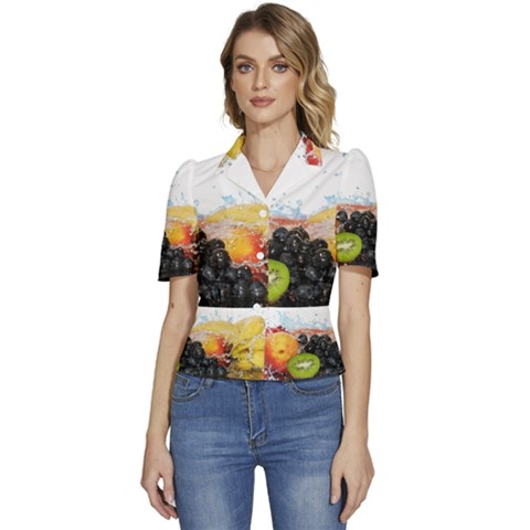 Variety Of Fruit Water Berry Food Splash Kiwi Grape Puffed Short Sleeve Button Up Jacket by B30l