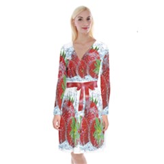 Red Strawberries Water Squirt Strawberry Fresh Splash Drops Long Sleeve Velvet Front Wrap Dress by B30l