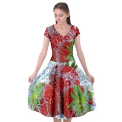 Red Strawberries Water Squirt Strawberry Fresh Splash Drops Cap Sleeve Wrap Front Dress by B30l