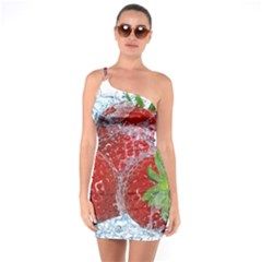 Red Strawberries Water Squirt Strawberry Fresh Splash Drops One Shoulder Ring Trim Bodycon Dress by B30l