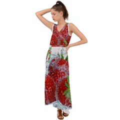 Red Strawberries Water Squirt Strawberry Fresh Splash Drops V-neck Chiffon Maxi Dress by B30l