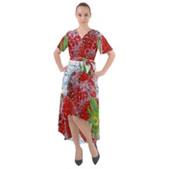 Red Strawberries Water Squirt Strawberry Fresh Splash Drops Front Wrap High Low Dress by B30l