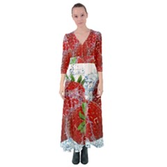 Red Strawberries Water Squirt Strawberry Fresh Splash Drops Button Up Maxi Dress by B30l