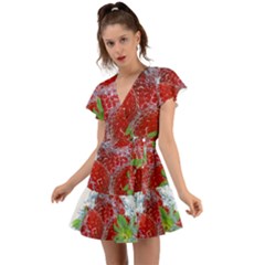 Red Strawberries Water Squirt Strawberry Fresh Splash Drops Flutter Sleeve Wrap Dress by B30l