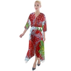 Red Strawberries Water Squirt Strawberry Fresh Splash Drops Quarter Sleeve Wrap Front Maxi Dress by B30l