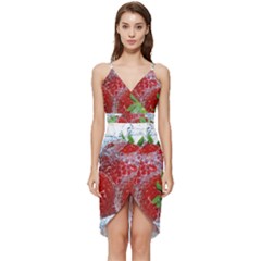 Red Strawberries Water Squirt Strawberry Fresh Splash Drops Wrap Frill Dress by B30l