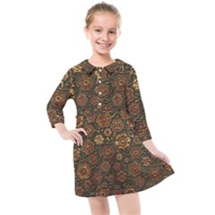 Brown And Green Floral Print Textile Ornament Pattern Texture Kids  Quarter Sleeve Shirt Dress by danenraven