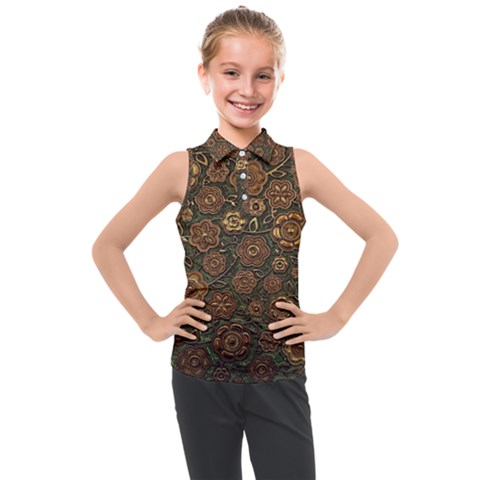 Brown And Green Floral Print Textile Ornament Pattern Texture Kids  Sleeveless Polo Tee by danenraven