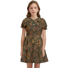 Brown And Green Floral Print Textile Ornament Pattern Texture Kids  Bow Tie Puff Sleeve Dress by danenraven