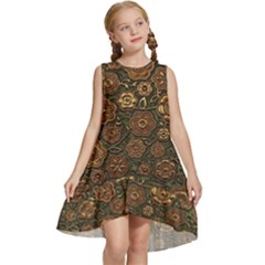 Brown And Green Floral Print Textile Ornament Pattern Texture Kids  Frill Swing Dress by danenraven