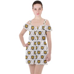 Lion Heads Pattern Design Doodle Ruffle Cut Out Chiffon Playsuit by Cowasu