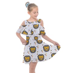 Lion Heads Pattern Design Doodle Kids  Shoulder Cutout Chiffon Dress by Cowasu