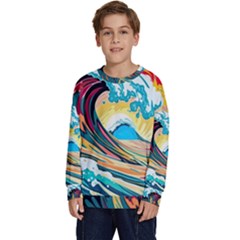 Ai Generated Waves Ocean Sea Tsunami Nautical Blue Sea (2) Kids  Long Sleeve Jersey by Cowasu