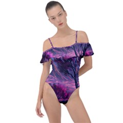 Landscape Landscape Painting Purple Purple Trees Frill Detail One Piece Swimsuit by Cowasu