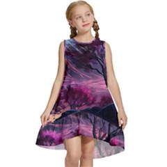 Landscape Landscape Painting Purple Purple Trees Kids  Frill Swing Dress by Cowasu