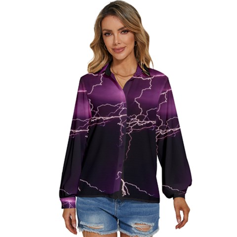 Storm Flashlight Space Nature Women s Long Sleeve Button Up Shirt by Cowasu