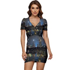 New York Night Central Park Skyscrapers Skyline Low Cut Cap Sleeve Mini Dress by Cowasu