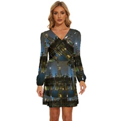 New York Night Central Park Skyscrapers Skyline Long Sleeve Waist Tie Ruffle Velvet Dress by Cowasu