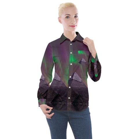 Fantasy Pyramid Mystic Space Aurora Women s Long Sleeve Pocket Shirt by Cowasu