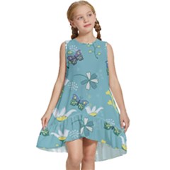 Butterfly Flower Blue Background Kids  Frill Swing Dress by danenraven