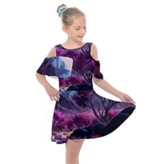 Landscape Painting Purple Tree Kids  Shoulder Cutout Chiffon Dress by Ndabl3x