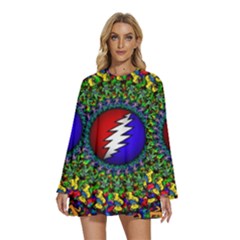 Grateful Dead Pattern Round Neck Long Sleeve Bohemian Style Chiffon Mini Dress by Wav3s