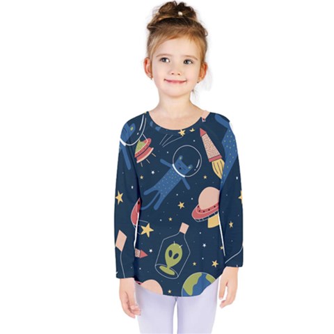 Seamless-pattern-with-funny-aliens-cat-galaxy Kids  Long Sleeve Tee by Wav3s