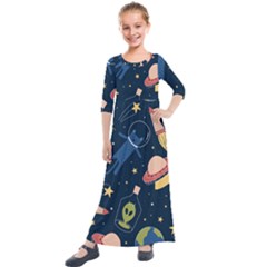 Seamless-pattern-with-funny-aliens-cat-galaxy Kids  Quarter Sleeve Maxi Dress by Wav3s