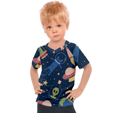 Seamless-pattern-with-funny-aliens-cat-galaxy Kids  Sports Tee by Wav3s