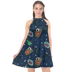 Monster-alien-pattern-seamless-background Halter Neckline Chiffon Dress  by Wav3s