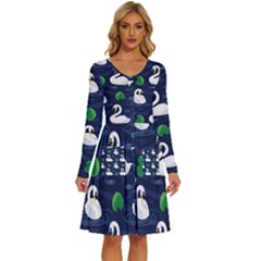 Swan Pattern Elegant Design Long Sleeve Dress With Pocket by Vaneshart