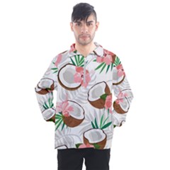 Seamless Pattern Coconut Piece Palm Leaves With Pink Hibiscus Men s Half Zip Pullover by Vaneshart