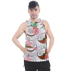 Seamless Pattern Coconut Piece Palm Leaves With Pink Hibiscus Men s Sleeveless Hoodie by Vaneshart