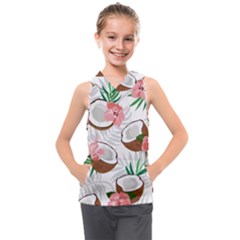 Seamless Pattern Coconut Piece Palm Leaves With Pink Hibiscus Kids  Sleeveless Hoodie by Vaneshart