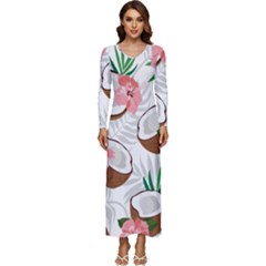 Seamless Pattern Coconut Piece Palm Leaves With Pink Hibiscus Long Sleeve Longline Maxi Dress by Vaneshart