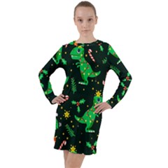 Christmas-funny-pattern Dinosaurs Long Sleeve Hoodie Dress by Vaneshart