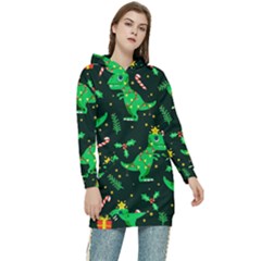 Christmas-funny-pattern Dinosaurs Women s Long Oversized Pullover Hoodie by Vaneshart