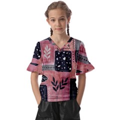 Floral Wall Art Kids  V-neck Horn Sleeve Blouse by Vaneshop