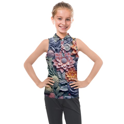 3d Flower Bloom Embossed Pattern Kids  Sleeveless Polo Tee by Vaneshop