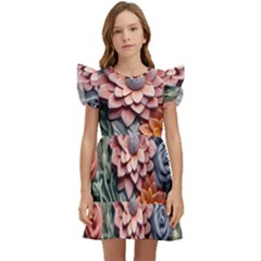 3d Flower Bloom Embossed Pattern Kids  Winged Sleeve Dress by Vaneshop