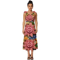 Flower Bloom Embossed Pattern Tie-strap Tiered Midi Chiffon Dress by Vaneshop