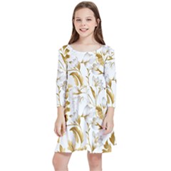 Flowers Gold Floral Kids  Quarter Sleeve Skater Dress by Vaneshop