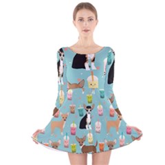 Chihuahua Bubble Kawaii Boba Tea Cute Dog Long Sleeve Velvet Skater Dress by Wav3s