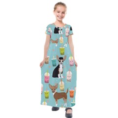 Chihuahua Bubble Kawaii Boba Tea Cute Dog Kids  Short Sleeve Maxi Dress by Wav3s