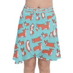 Corgis On Teal Chiffon Wrap Front Skirt by Wav3s