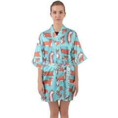 Corgis On Teal Half Sleeve Satin Kimono  by Wav3s