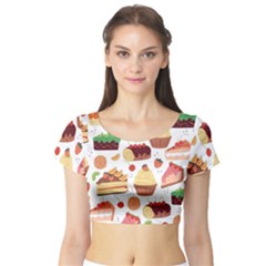 Seamless Pattern Hand Drawing Cartoon Dessert And Cake Short Sleeve Crop Top by Wav3s