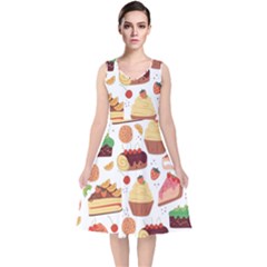 Seamless Pattern Hand Drawing Cartoon Dessert And Cake V-neck Midi Sleeveless Dress  by Wav3s