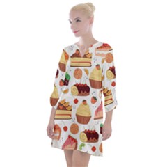 Seamless Pattern Hand Drawing Cartoon Dessert And Cake Open Neck Shift Dress by Wav3s